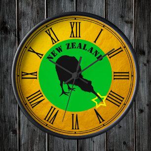 Horloge Ronde Nouvelle-Zélande & oiseau kiwi star / design or 