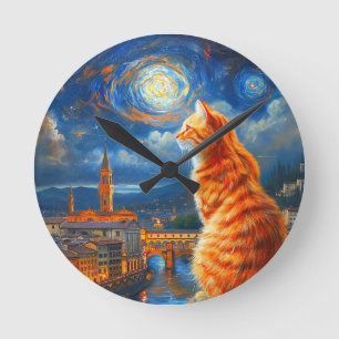 Horloge Ronde Nuit étoilée sur Florence   Art du chat roux