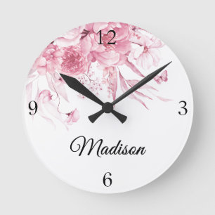 Horloge Ronde Nurserie pour Bébé Fille Art Hollandais Rose Fleur