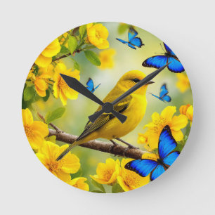 Horloge Ronde Oiseau chanteur jaune vif perché sur une branche