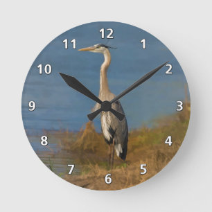 Horloge Ronde Oiseau de grand héron bleu à l'étang