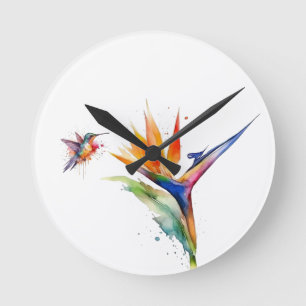 Horloge Ronde Oiseau de paradis et colibri en aquarelle