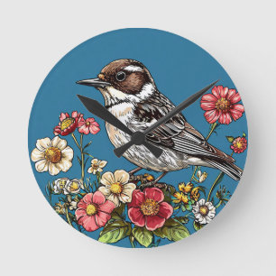 Horloge Ronde Oiseau encadré par des fleurs vibrantes