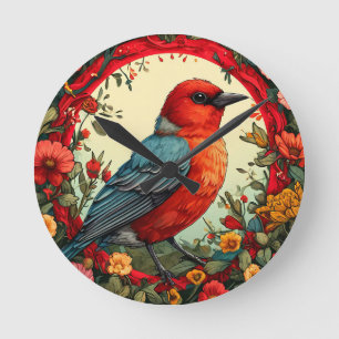 Horloge Ronde Oiseau encadré par des fleurs vibrantes