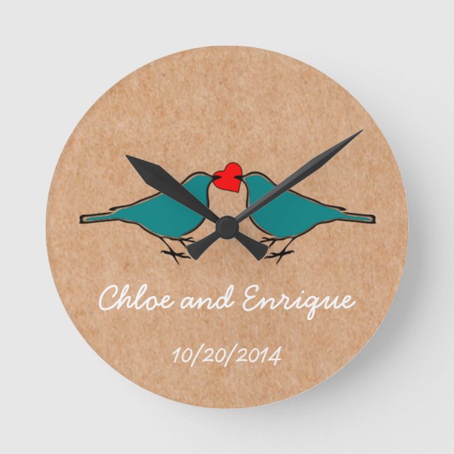 Horloge Ronde Oiseaux bleus et mariage de coeur d'amour (Recto)