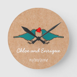 Horloge Ronde Oiseaux bleus et mariage de coeur d'amour