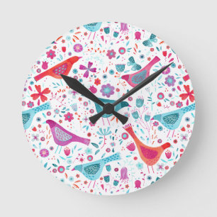 Horloge Ronde Oiseaux d'aquarelle dans un jardin de fleurs peint