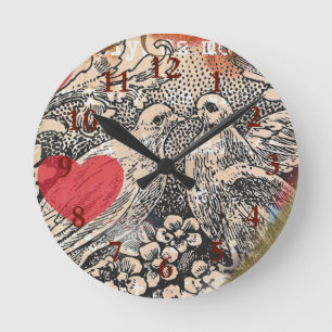 Horloge Ronde Oiseaux de l'amour Cœur Rouge Collage d'art