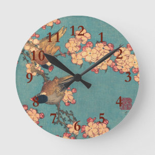 Horloge Ronde Oiseaux Fleurs Hokusai Art Japonais