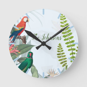 Horloge Ronde Oiseaux tropicaux Perroquets et feuillage