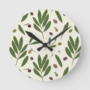 Horloge Ronde Olives minimalistes et branches - motif sans soudu