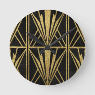 Horloge Ronde Or Art Déco Géométrique Motif Éventail Noir