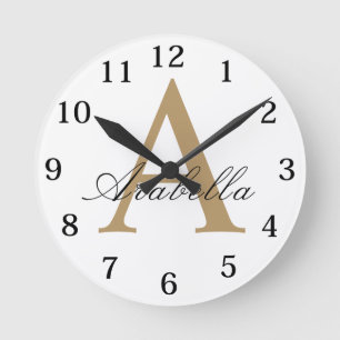 Horloge Ronde Or Élégant Noir Monogramme Personnalisé Nom 