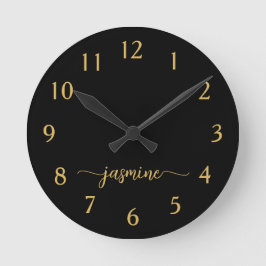 Horloge Ronde Or Minimaliste Monogramme Script Doré Noir Féminin