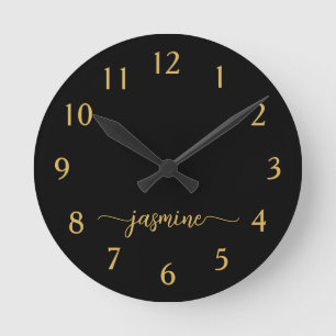 Horloge Ronde Or Minimaliste Monogramme Script Doré Noir Féminin