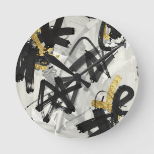 Horloge Ronde Or noir Traits de pinceau abstraits