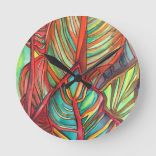 Horloge Ronde Orange Canna feuille aquarelle art original