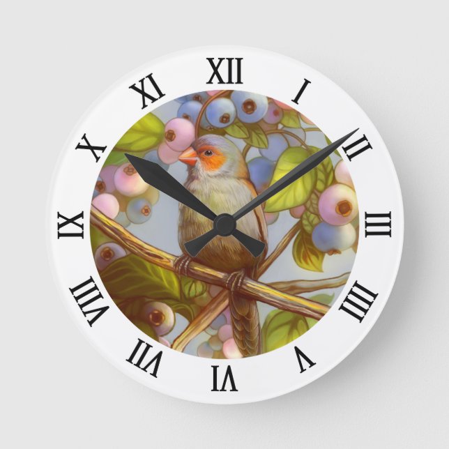Horloge Ronde Orange cheeked waxbill finch with blueberries (Recto)