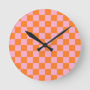 Horloge Ronde Orange et rose Checkered