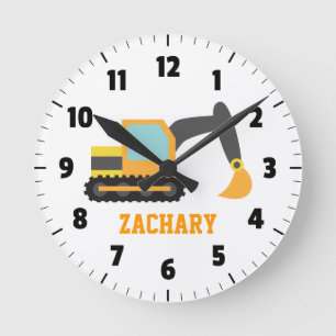 Horloge Ronde Orange Excavateur, Véhicule De Construction Pour E