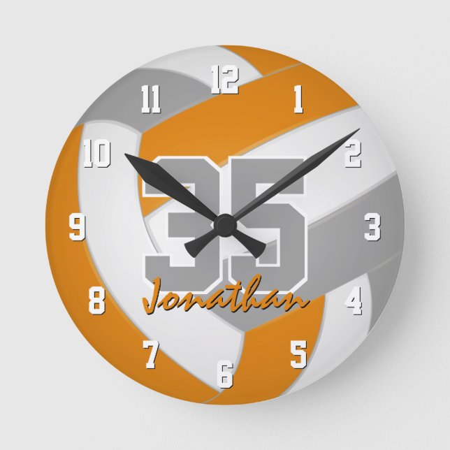Horloge Ronde orange gris équipe couleurs joueurs nom volley-bal (Recto)