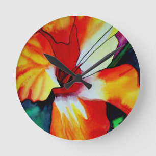 Horloge Ronde Orange Hibiscus fleurs tropicales aquarelle art