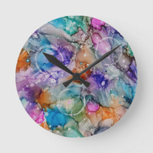 Horloge Ronde Oranger coloré, violet, rose, bleu Art abstrait