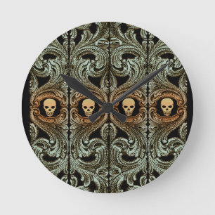 Horloge Ronde Ornement Vert Sage Gothique Avec Crâne