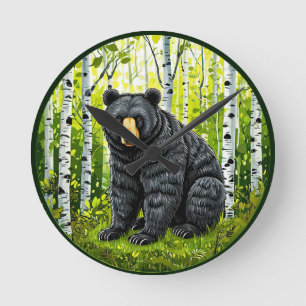 Horloge Ronde Ours noir dans une forêt de bouleaux