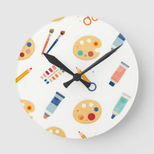 Horloge Ronde Outils de peinture d'artiste Motif Mignon Aquarell