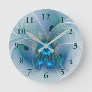 Horloge Ronde Ovations debout, fractale abstraite bleu turquoise