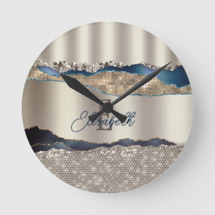 Horloge Ronde Paillettes d'agate bleu indigo élégantes