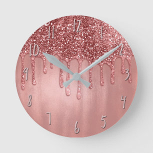 Horloge Ronde Paillettes de rose doré qui dégoulinent Jolies gou