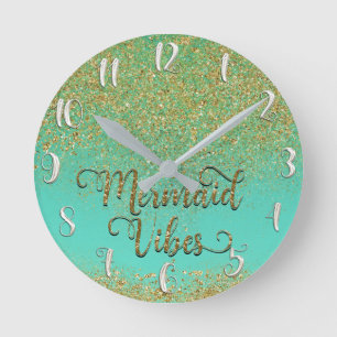Horloge Ronde Paillettes dorées en cascade Teal Aqua Vibes de si