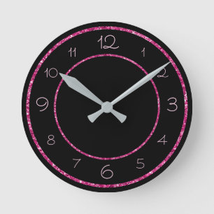 Horloge Ronde Paillettes roses glamour et féminines sur fond noi