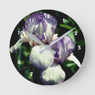 Horloge Ronde Paire de fleurs d'iris barbu violet et blanc 