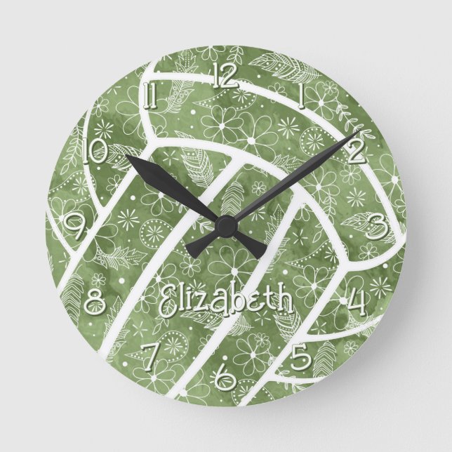 Horloge Ronde paislies plumes fleurs sauge volleyball vert (Recto)