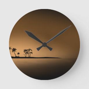 Horloge Ronde Palmier-île-coucher de soleil1432 GOLDEN PALM ISL