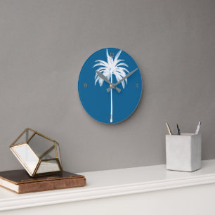 Horloge Ronde Palmier tropical Bleu Élégant Moderne