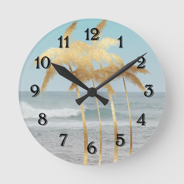 Horloge Ronde Palmiers d'or Hawaii Océan (Recto)