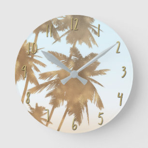 Horloge Ronde Palmiers ombrés de plage aux palmes de bronze doré