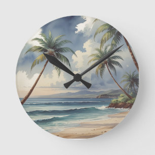 Horloge Ronde Palmiers Voyage Hawaïen Honolulu Mer Bleue