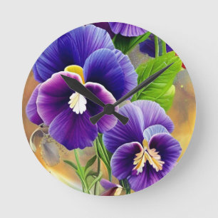 Horloge Ronde Pansies violettes -AI ART