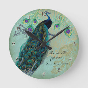 Horloge Ronde Paon Ancien & Gravures Mariage Personnalisé