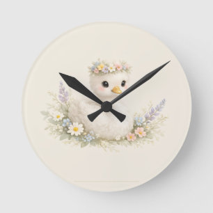 Horloge Ronde Papeterie aquarelle élégante de bébé cygne fleur s