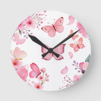 Horloge Ronde Papillon floral de jardin à l'aquarelle rose
