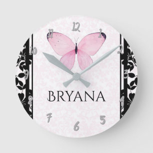 Horloge Ronde Papillon rose et noir Personnalisé chambre de bébé