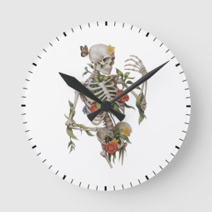 Horloge Ronde Papillon squelette floral Art botanique crâne