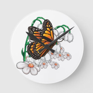 Horloge Ronde Papillon sur fleurs