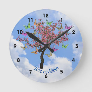 Horloge Ronde Papillons et arbre fleuri personnalisés